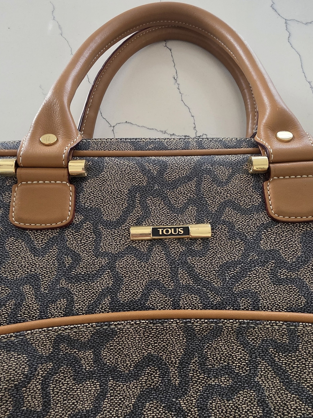 TOUS Brown and Blue Patterned Laptop Bag with Tan Leather Trim